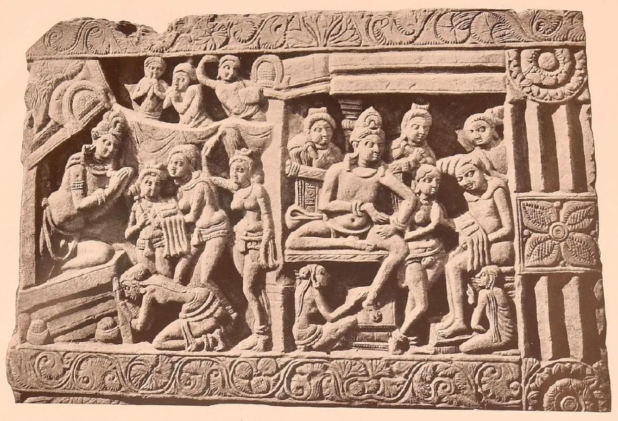 Carved relief in two scenes: a seated sage receiving a child on the right and a procession to a shrine on the left.