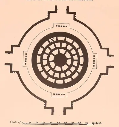 Ground plan of the Great Stupa: a wheel of radial walls inside a circular base with four rectangular platforms, and a scale.