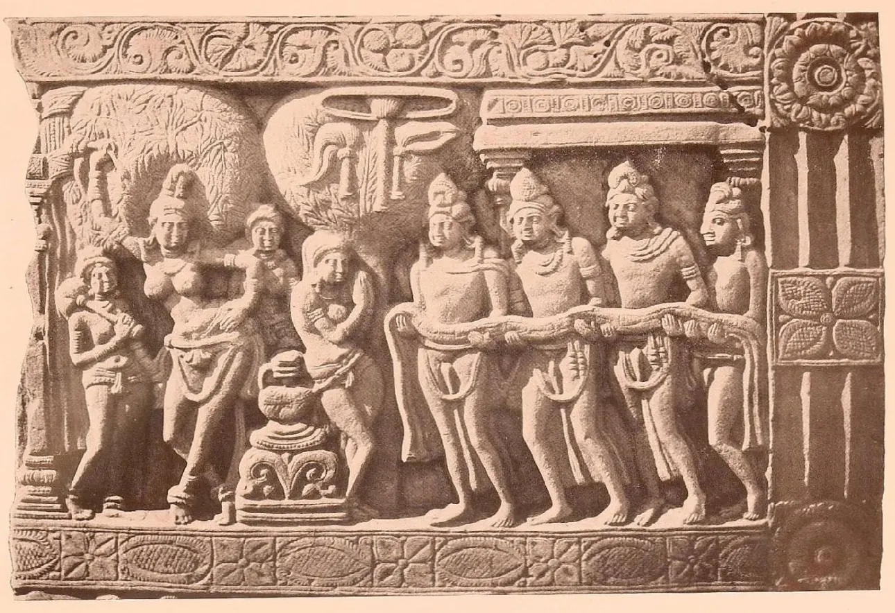 Carved relief of a standing queen among attendants, with a row of tall figures, framed by pilasters.