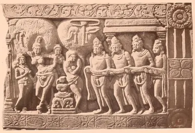 Carved relief of a standing queen among attendants, with a row of tall figures, framed by pilasters.