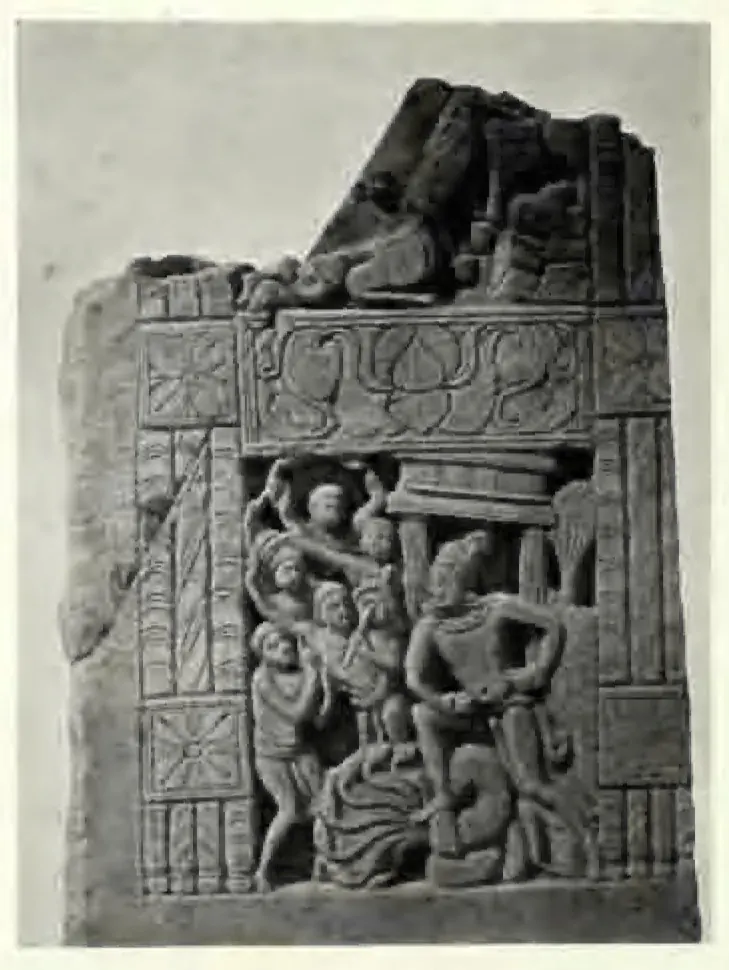 Broken carved slab with a group of figures in a framed doorway.
