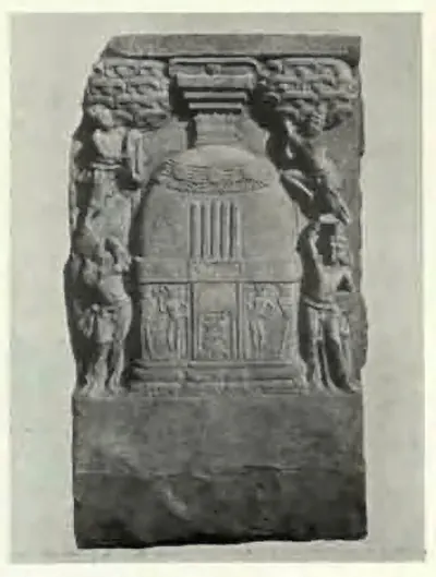 Upright carved slab with a domed stupa decorated in bands, a railing and attendant figures.
