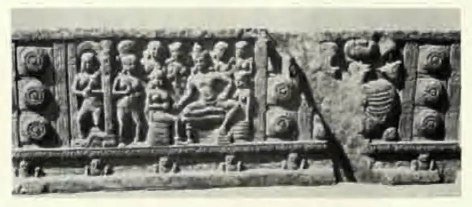 Long carved beam panel with figures in a palace scene between rows of lotus roundels.
