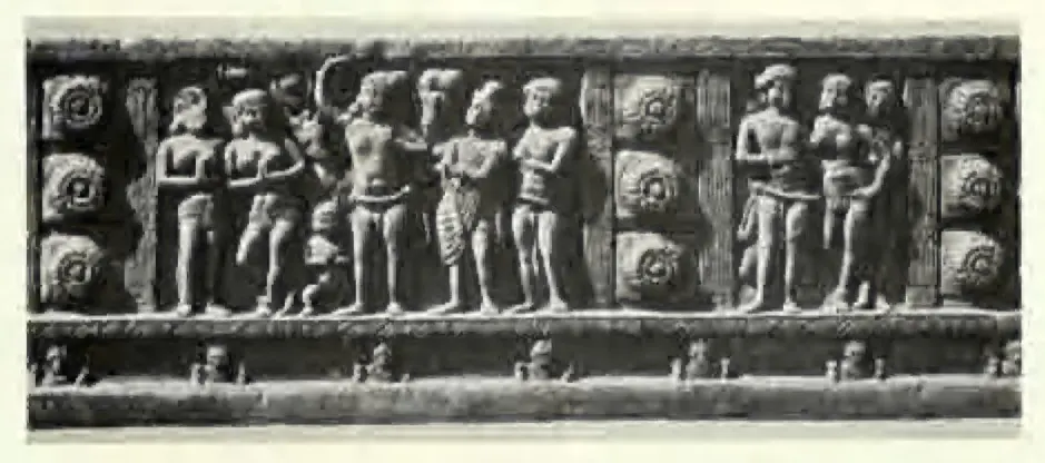 Long carved beam panel with a procession of figures between rows of lotus roundels.