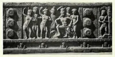 Long carved beam panel with standing figures between rows of lotus roundels.