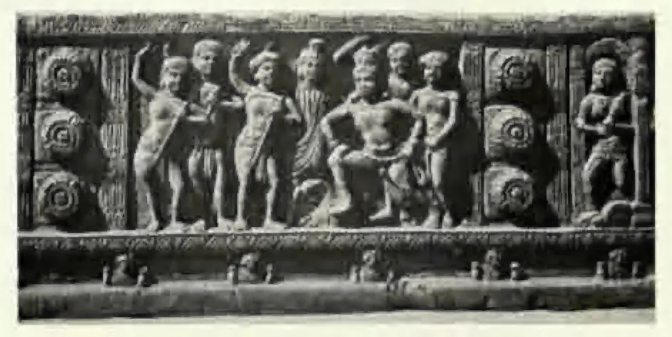 Long carved beam panel with standing figures between rows of lotus roundels.