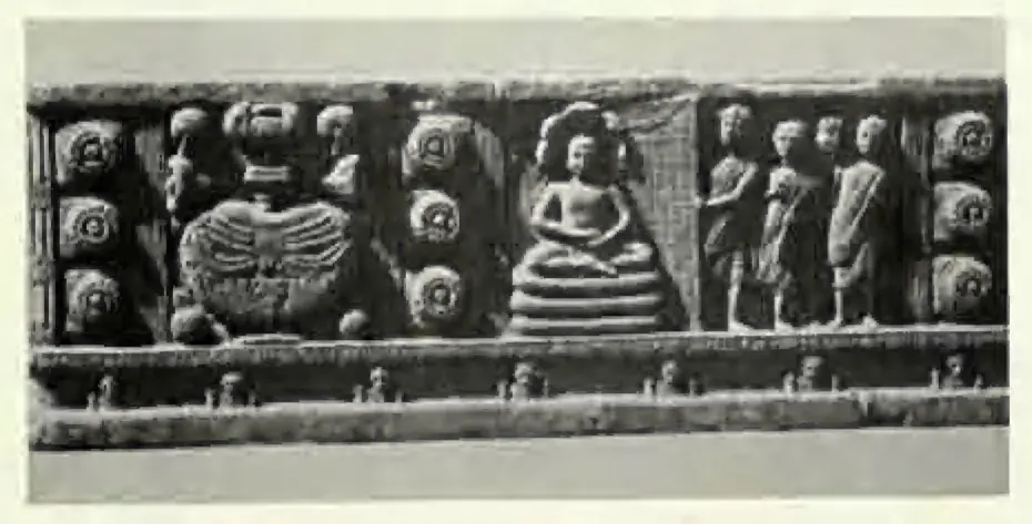 Long carved beam panel with seated and standing figures between rows of lotus roundels.