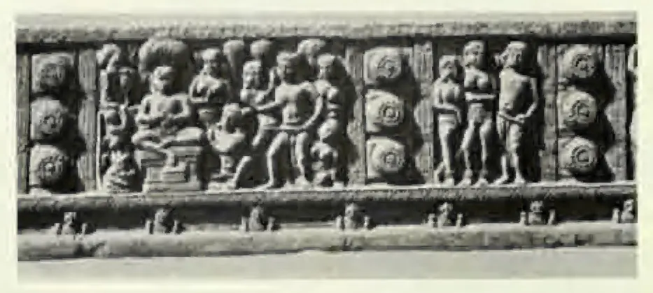 Long carved beam panel with groups of figures between rows of lotus roundels.
