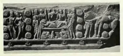 Long carved beam panel with a reclining queen and attendants between rows of lotus roundels.