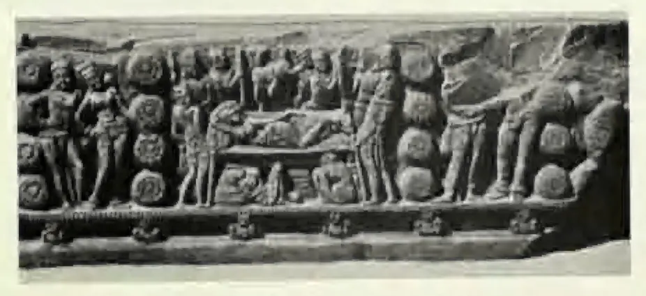 Long carved beam panel with a reclining queen and attendants between rows of lotus roundels.