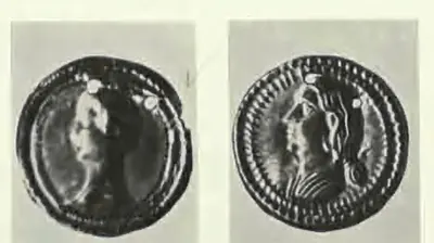 Enlarged photographs of two thin round gold medallions with beaded rims, each embossed with a head in profile, one a man with curly hair and the other a woman with an elaborate hairstyle.
