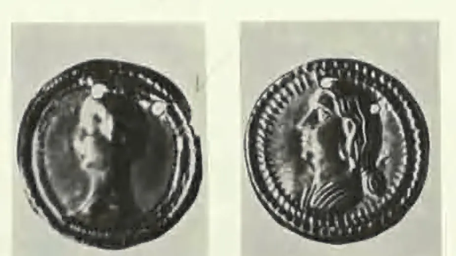Enlarged photographs of two thin round gold medallions with beaded rims, each embossed with a head in profile, one a man with curly hair and the other a woman with an elaborate hairstyle.