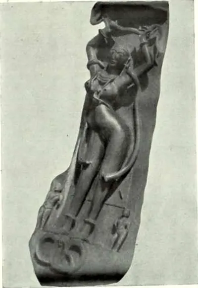 A stone bracket carved with a slender woman, one arm raised and holding a curving stem, small attendant figures at her feet; the bracket is shown cut out against a plain background.
