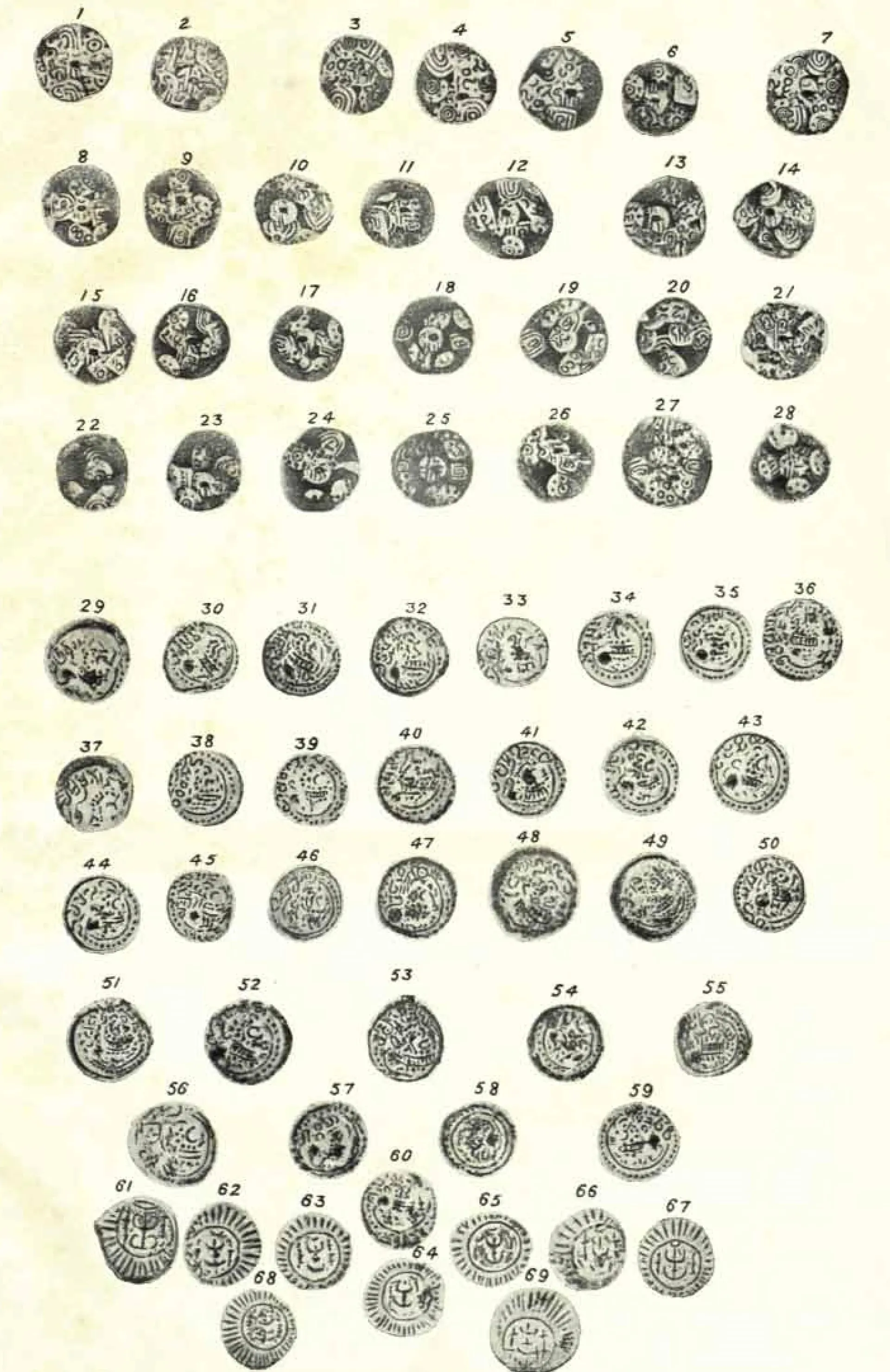 Sixty-nine small coins in numbered rows: cup-shaped punched coins with lotus and boar marks (Nos. 1-28), round coins with legends (Nos. 29-60) and coins with a central emblem in a rayed border (Nos. 61-69).