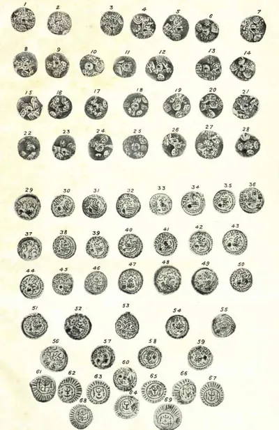 Sixty-nine small coins in numbered rows: cup-shaped punched coins with lotus and boar marks (Nos. 1-28), round coins with legends (Nos. 29-60) and coins with a central emblem in a rayed border (Nos. 61-69).