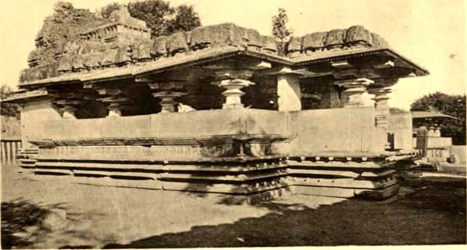 A flat-roofed pillared hall with deep eaves on a plain platform, the roof edge broken and overgrown.