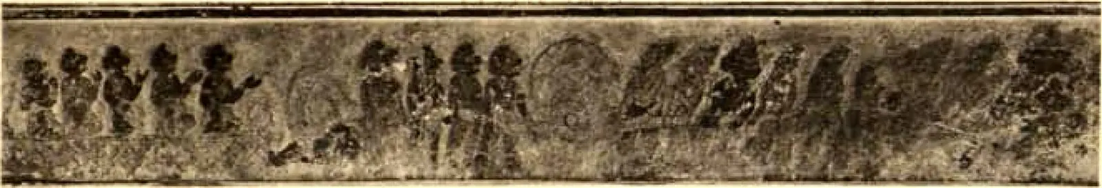 A long, faded painted frieze of standing and moving figures.