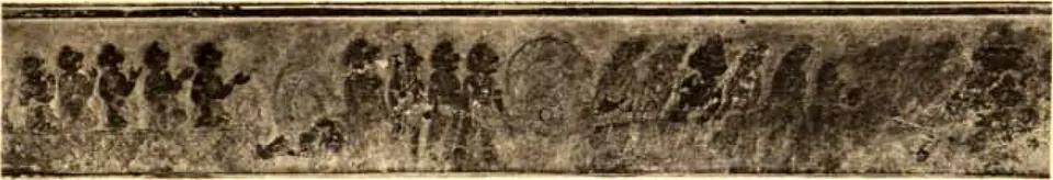 A long, faded painted frieze of standing and moving figures.