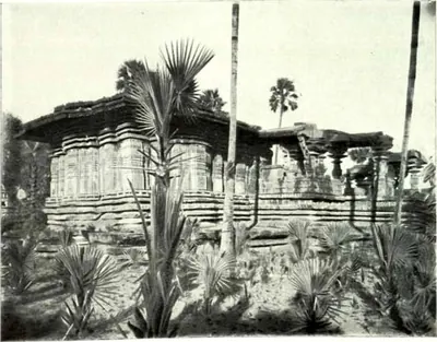 A temple with deeply moulded walls and a broken roof line among young palms and shrubs.