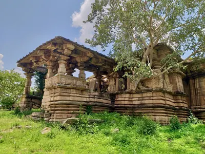 A ruined stone temple with a flat roof on rows of carved pillars in a green field, a large tree growing out of the roof and fallen blocks in front.