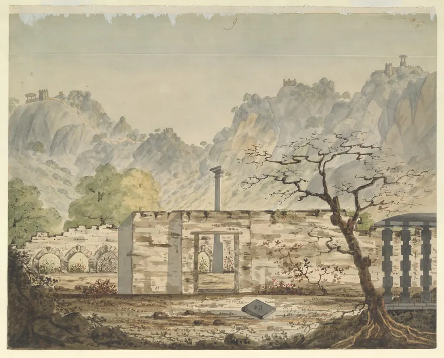 A watercolour of a ruined walled enclosure with a doorway and a tall pillar, a bare tree in front and a pillared pavilion at the right, below rocky hills with small forts on their summits.