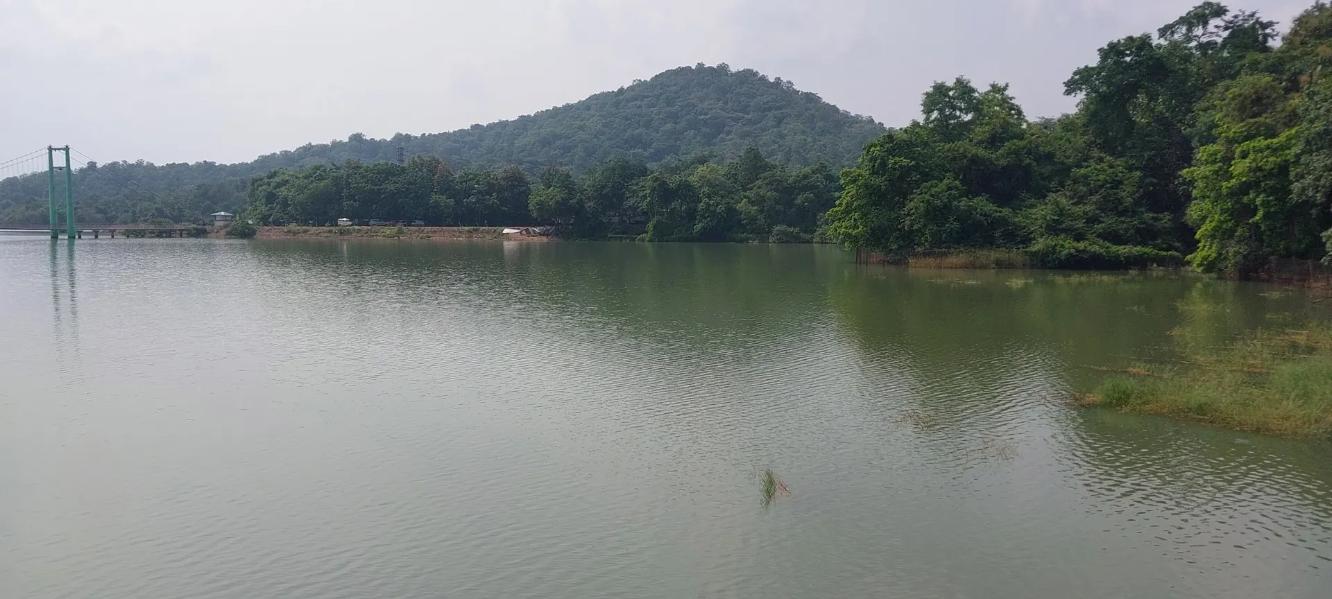 A wide, calm lake with a forested hill on the far shore, dense trees along the water's edge at the right and the tower of a suspension bridge at the far left.
