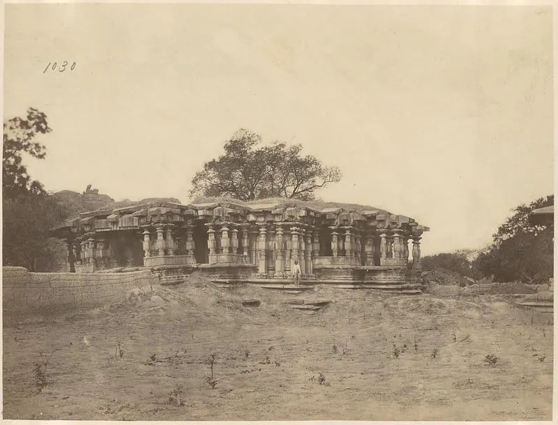A long, low stone temple with many pillars under deep eaves, a large tree growing from its roof and bare ground in front.
