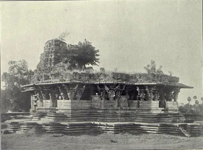 The Ramappa temple seen from the south-east: a pillared hall with deep eaves on a broad stepped platform, its roof and broken tower overgrown with plants and a small tree.