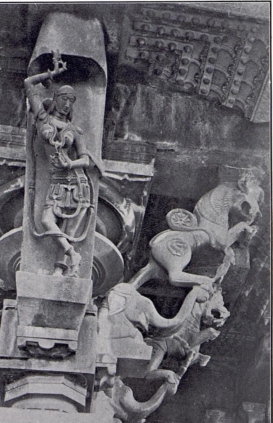 A bracket carved with a dancer with one arm raised, next to two rearing animal brackets projecting from the pillar below the eaves.
