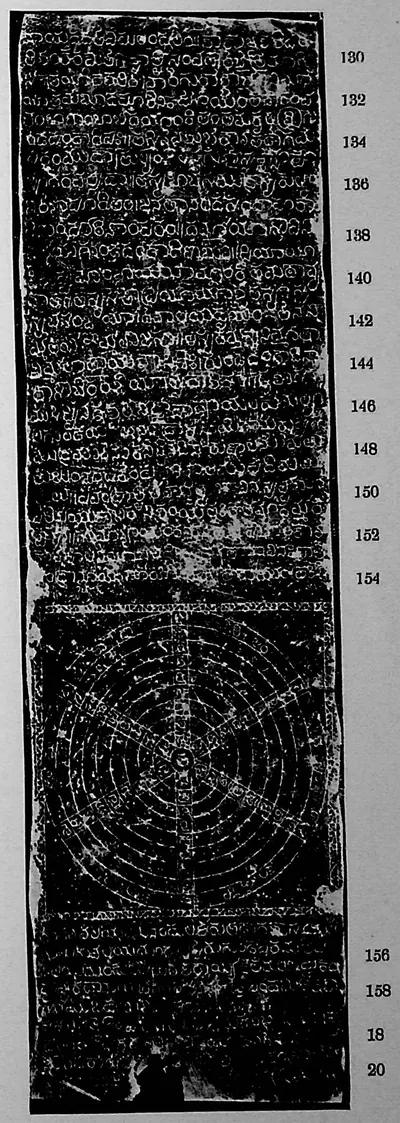 Ink impression of face IV of the "Bothpur inscription of Malyāla Guṇḍa", white Telugu-Kannada letters on a black ground, with line numbers in the margin.