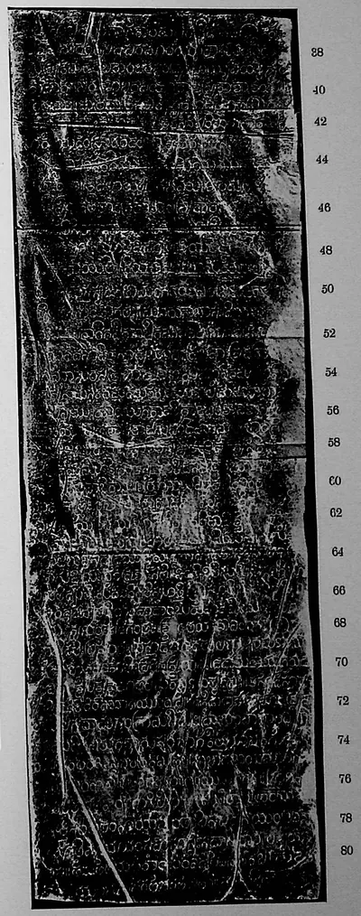Ink impression of face II of the "Bothpur inscription of Malyāla Guṇḍa", white Telugu-Kannada letters on a black ground, with line numbers in the margin.