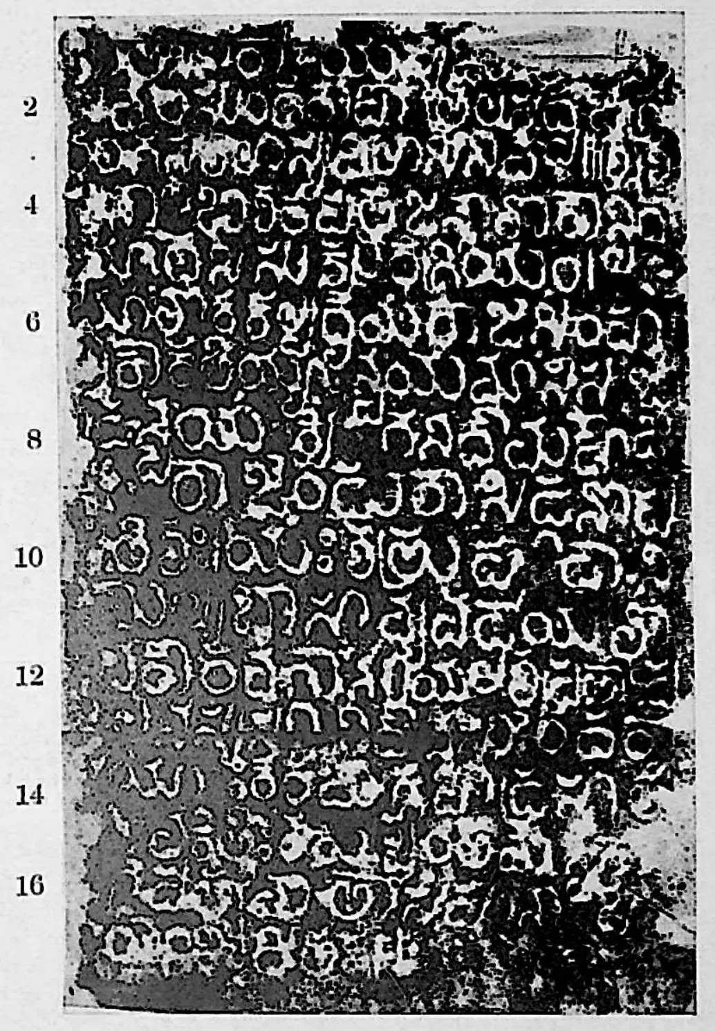 Ink impression of face I of the "Dharmasāgar inscription", white Telugu-Kannada letters on a black ground, with line numbers in the margin.