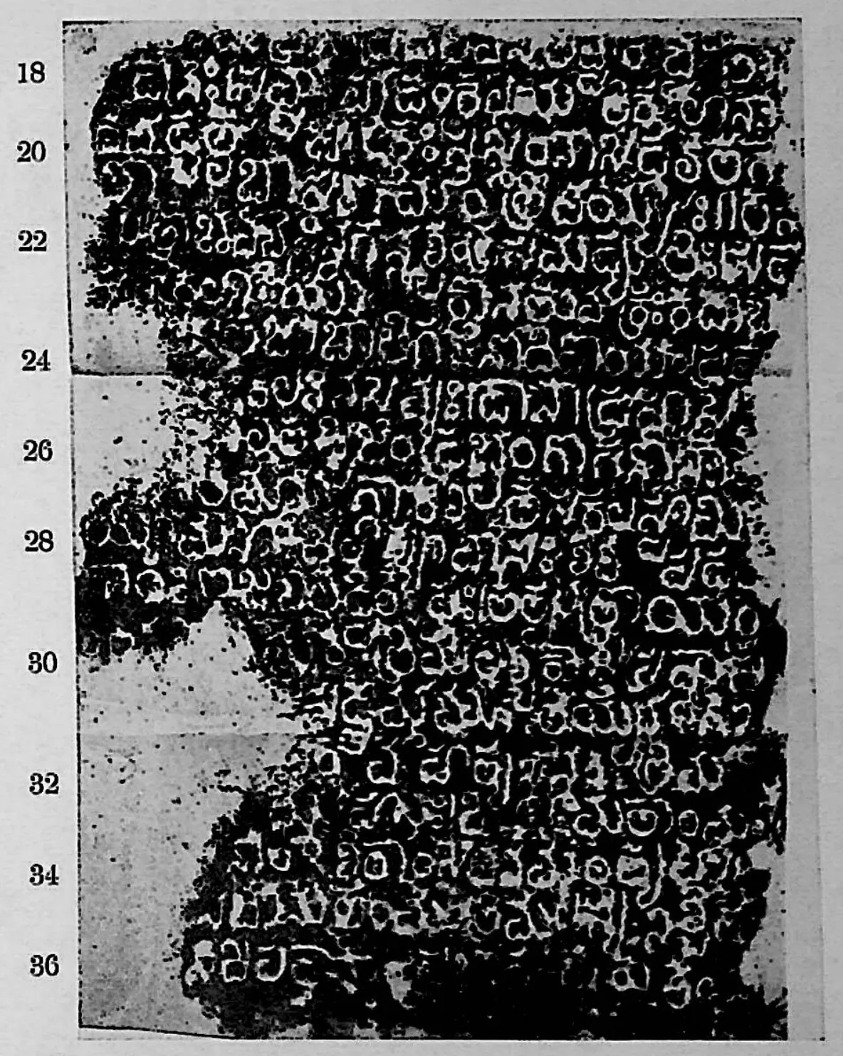 Ink impression of face II of the "Dharmasāgar inscription", white Telugu-Kannada letters on a black ground, with line numbers in the margin.