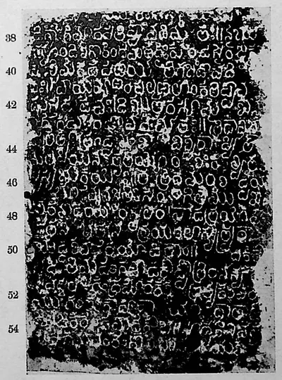 Ink impression of face III of the "Dharmasāgar inscription", white Telugu-Kannada letters on a black ground, with line numbers in the margin.