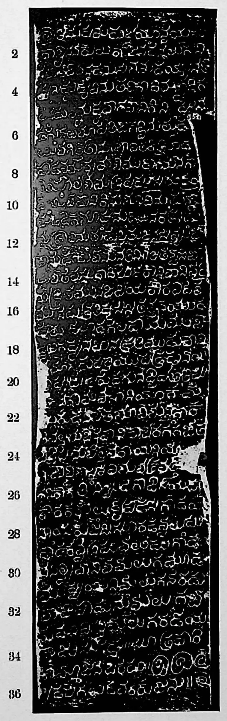 Ink impression of an inscribed stone of the "Gūḍūr inscription of Kāmasāni", white Telugu-Kannada letters on a black ground, with line numbers in the margin.
