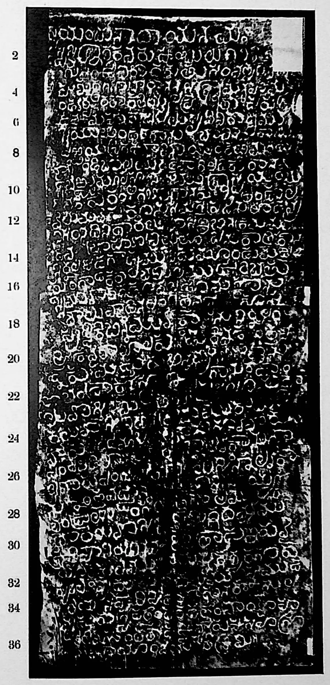 Ink impression of an inscribed stone of the "Mēllacheruvu inscription", white Telugu-Kannada letters on a black ground, with line numbers in the margin.