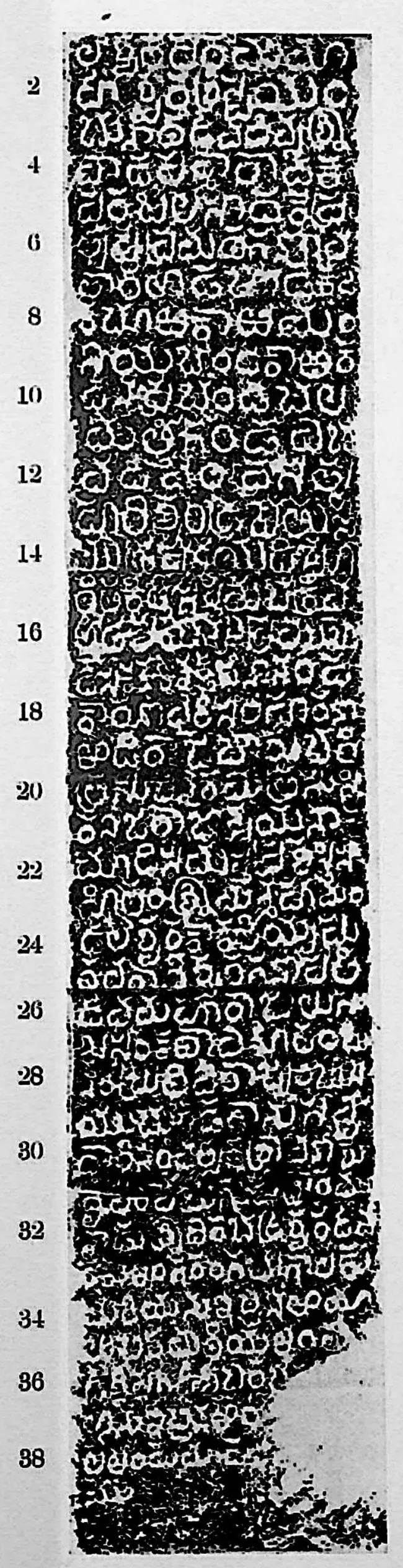 Ink impression of face I of the "Warangal inscription at Khan Saheb Gardens", white Telugu-Kannada letters on a black ground, with line numbers in the margin.
