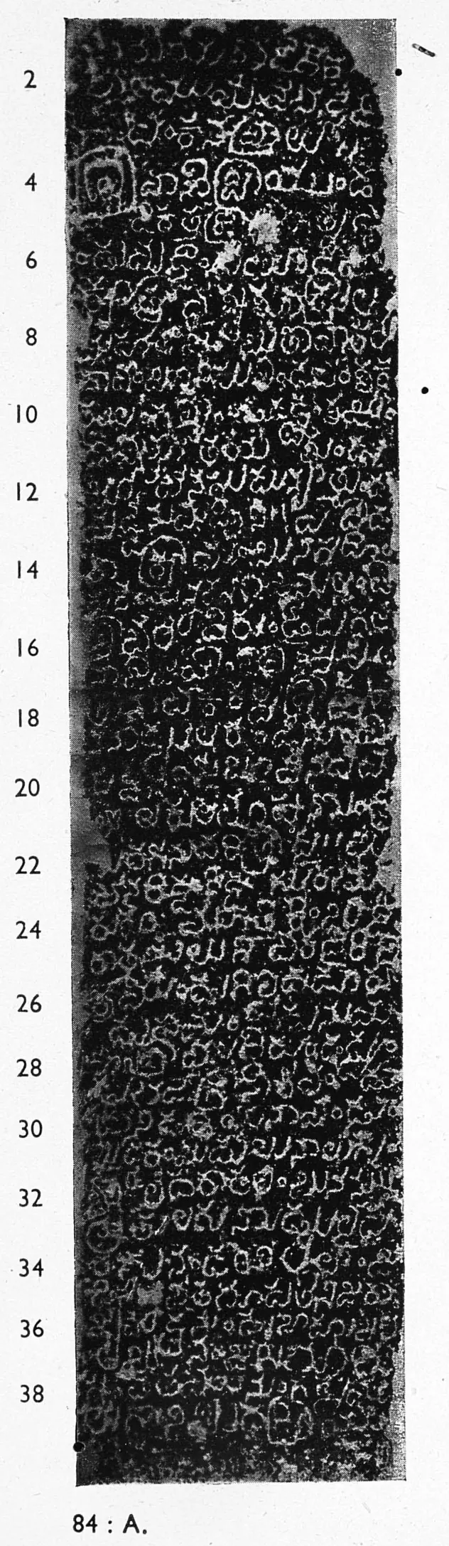 Ink impression of face I of the "Māṭēru inscription of Malla", white Telugu-Kannada letters on a black ground, with line numbers in the margin.