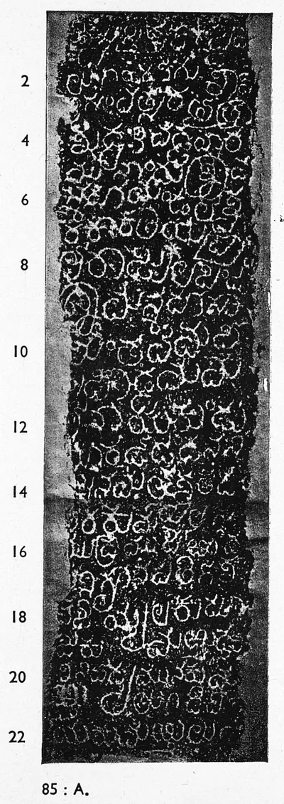 Ink impression of an inscribed stone of the "Māṭēru inscription of Mallēnaya", white Telugu-Kannada letters on a black ground, with line numbers in the margin.