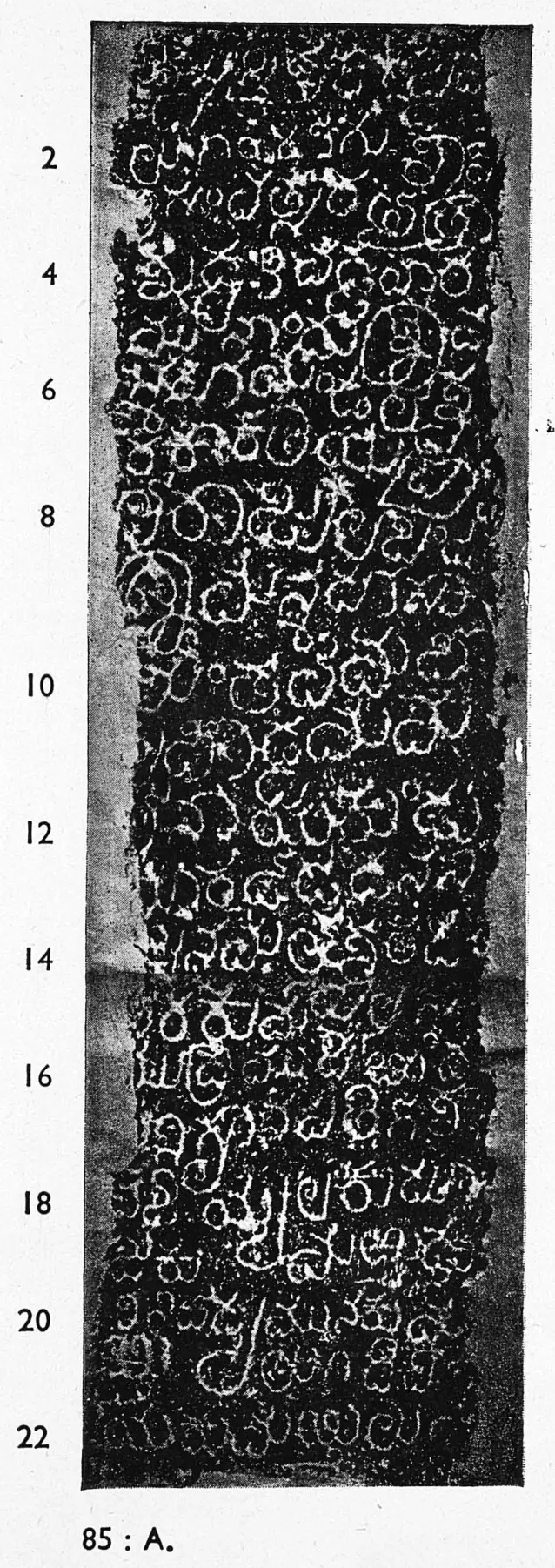 Ink impression of an inscribed stone of the "Māṭēru inscription of Mallēnaya", white Telugu-Kannada letters on a black ground, with line numbers in the margin.