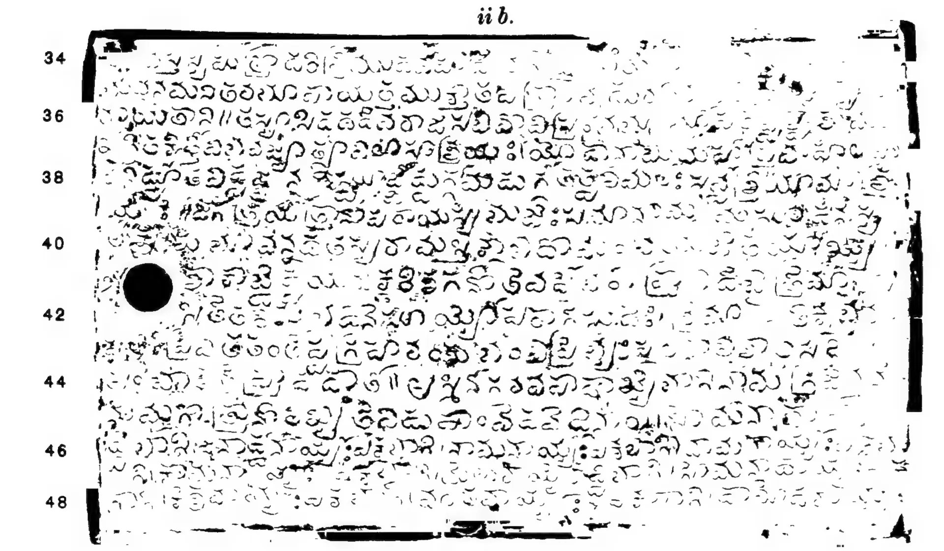 Ink impression of side ii b of an inscribed copper plate, white Telugu letters on black with a round ring hole at the left and line numbers 33-48 in the margin.