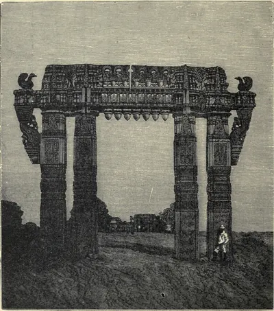 Wood engraving of a tall stone gateway of four carved pillars carrying a broad sculptured lintel with a goose at each end, standing in open ground; a man in a hat stands at its foot and ruins are seen in the distance.