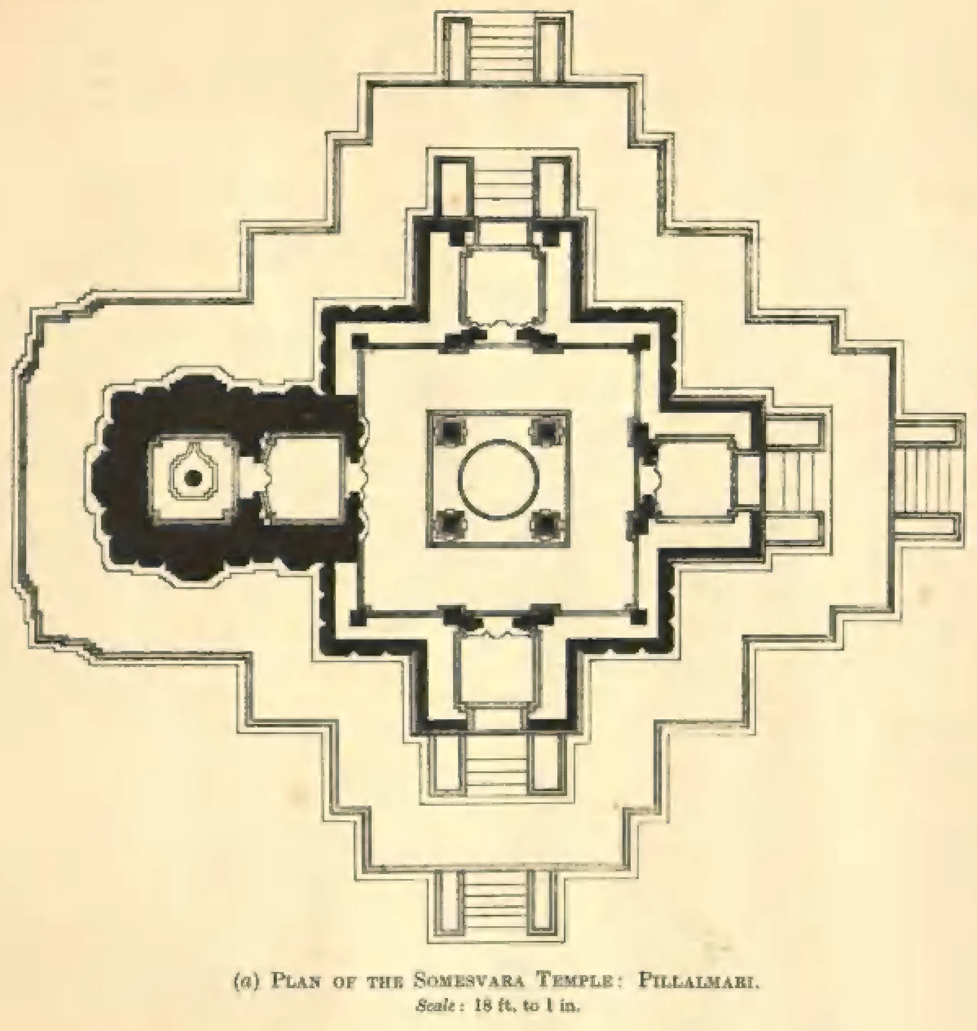 Measured ground plan of a star-shaped temple on a large stepped platform: a square hall with four central pillars, porches with steps on three sides and a shrine with its linga on the fourth, printed in black and grey on cream paper.