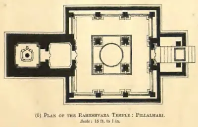 Measured ground plan of a rectangular temple: a square hall with four central pillars, a porch with steps at one end and an ante-chamber and shrine with a linga at the other.