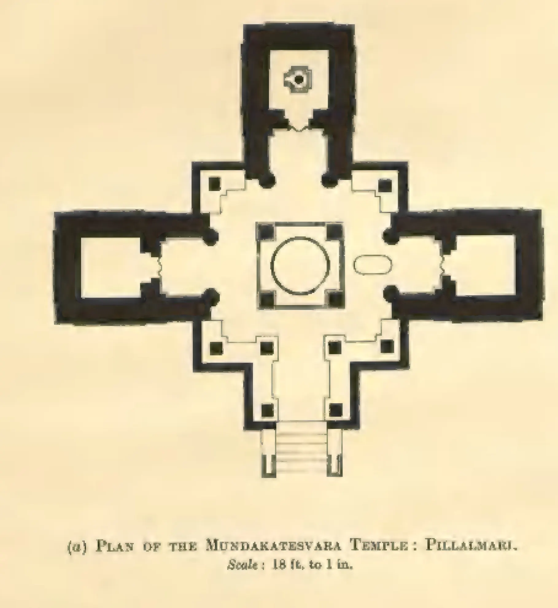 Measured ground plan of a cross-shaped temple with three shrines opening off a central pillared hall and a porch with steps on the fourth side.