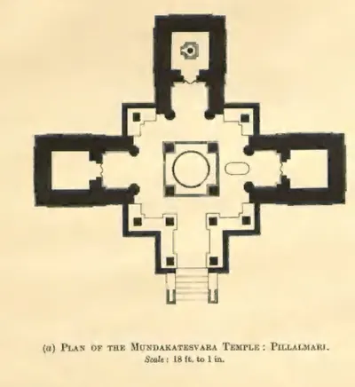 Measured ground plan of a cross-shaped temple with three shrines opening off a central pillared hall and a porch with steps on the fourth side.