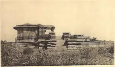 A ruined stone temple on a high moulded platform in scrub land; the shrine block with its flat roof survives, while the hall and porches beyond are reduced to their basement and steps.