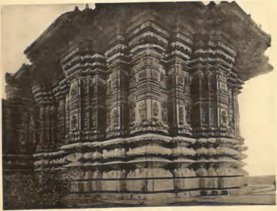 Close view of the outer wall of the shrine of the northern temple at Nagulapadu, densely carved in projecting pilasters, small figures and horizontal mouldings under a deep eave.