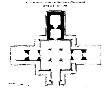 Measured ground plan of a triple-shrined temple: a square hall with four central pillars, shrines with ante-chambers on three sides and an entrance on the fourth; black line drawing with its printed title and scale.