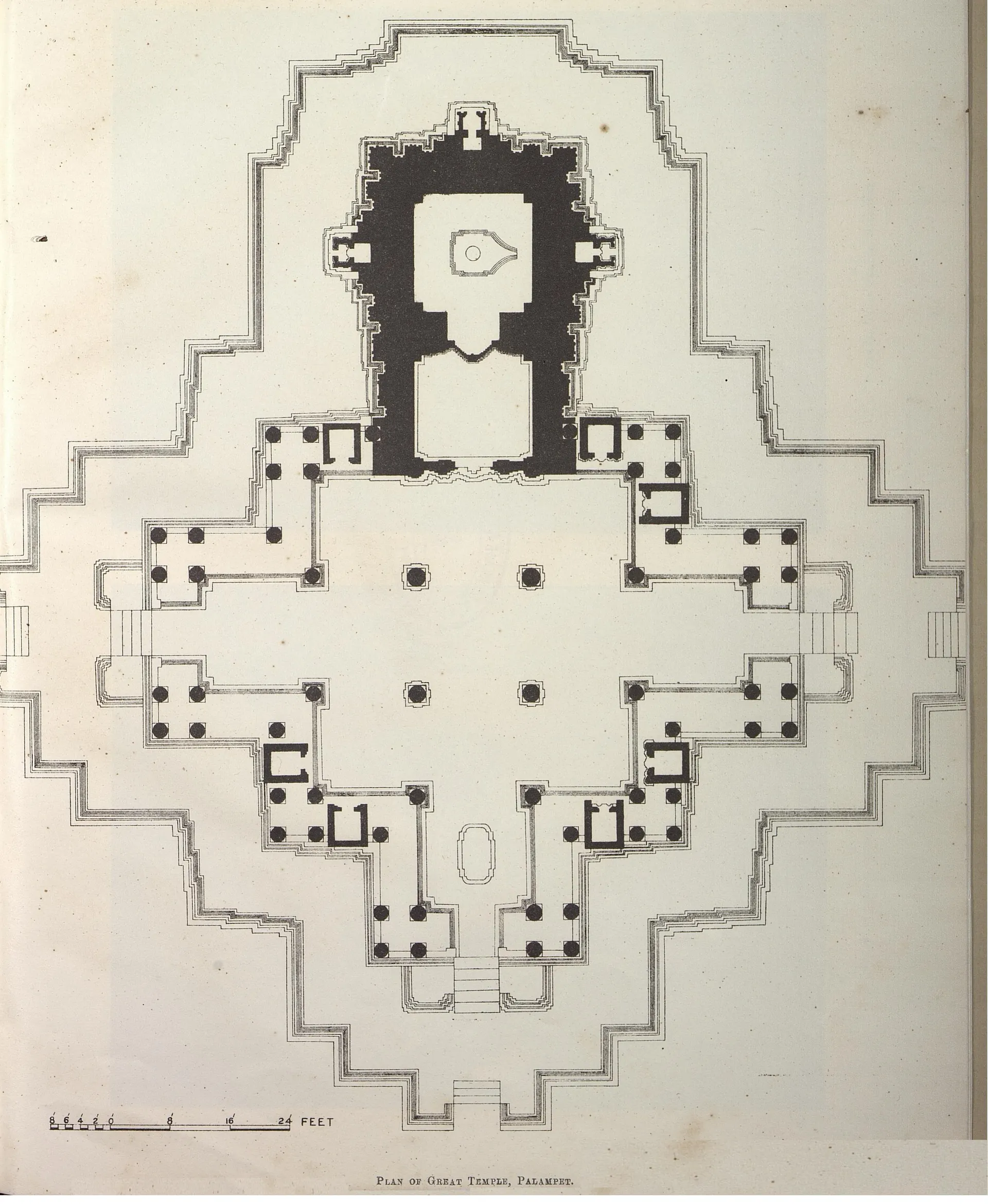 Measured ground plan of the Ramappa (Rudreshvara) temple: a cross-shaped hall with porches and steps on three sides and the shrine and ante-chamber on the fourth, set on its stepped star-shaped platform, with a scale in feet.